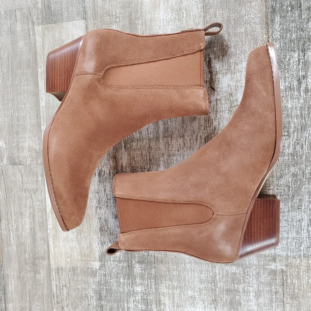 Michael Kors Kinlee Bootie Womens Sz 8.5 M luggage Suede Pointed Toe Block Heel